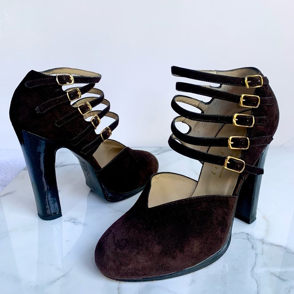 MICHEL PERRY PARIS SUEDE MULTI BUCKLE BLACK PATENT LEATHER PLATFORM HEELS 1990s. - Picture 7 of 7